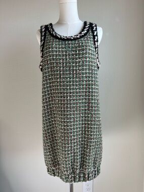 CHANEL Green Tweed Sleeveless Midi Dress with Black Braided Trim
